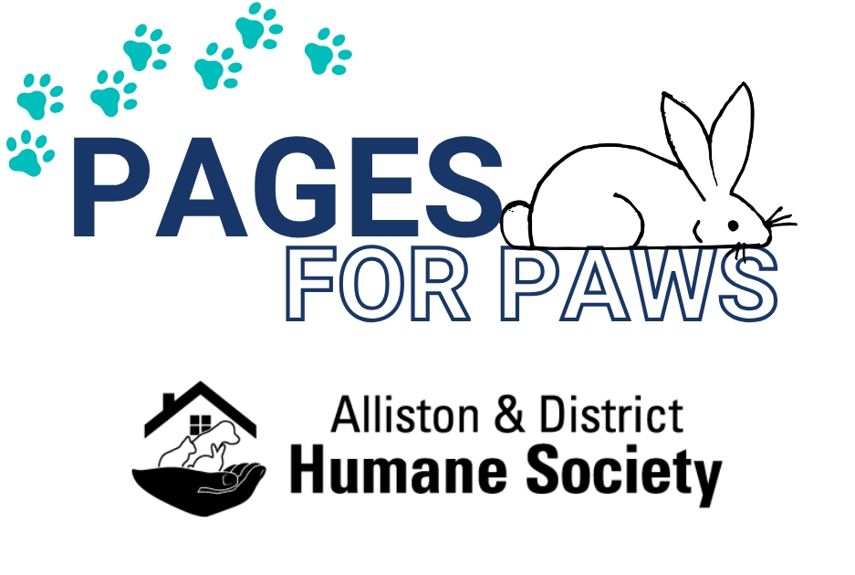 Text reads "PAGES FOR PAWS" with teal paw prints above and a rabbit illustration. Below, it says "Alliston & District Humane Society" with a pet logo.