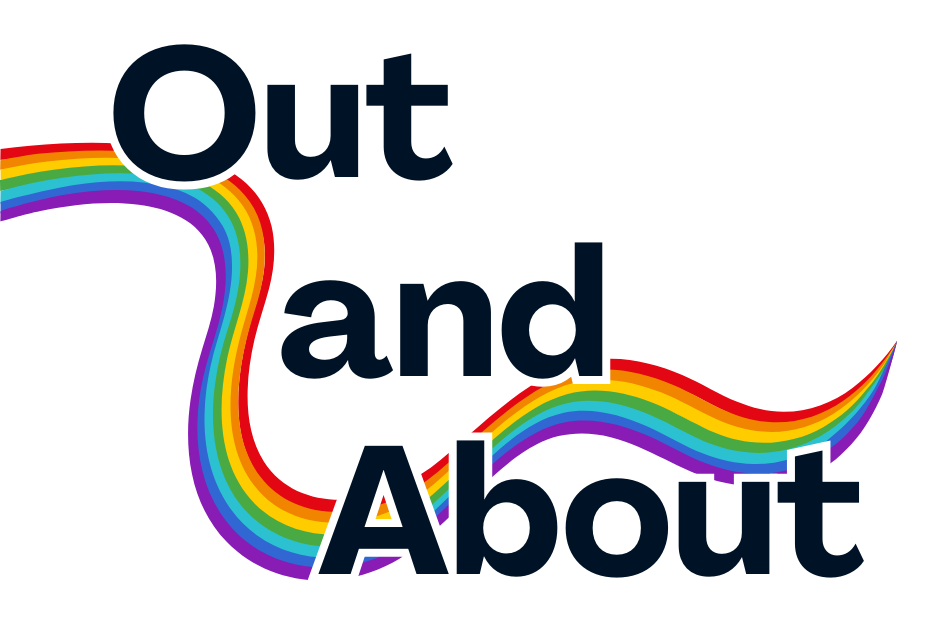 Rainbow ribbon running from upper left to lower right of image with the text: "Out and About" centered over top.