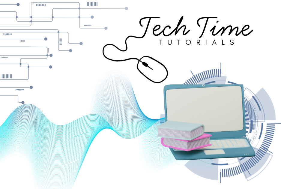 The words "Tech Time Tutorials" are displayed in a stylized font above a cartoon computer mouse. A laptop with two books sits in front of a circular, tech-themed graphic. A blue, wavy line flows across the bottom of the image, with abstract circuit board designs in the upper left corner.
