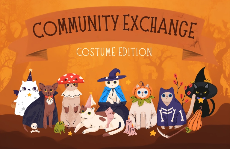 Illustration of diverse cats in Halloween costumes gathered under “Community Exchange: Costume Edition,” with warm orange autumn tones.