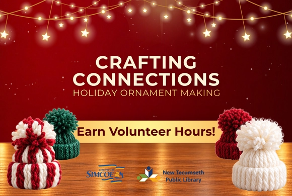 Holiday ornament-making flyer on a festive red background with glowing star lights and knitted hats: “Crafting Connections” invites people to earn volunteer hours.