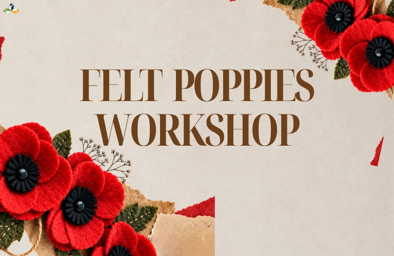 “Felt Poppies Workshop” poster with vivid red felt flowers and dark centers framing elegant brown lettering on a cream paper background; warm, handcrafted tone.