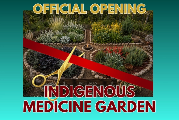 Image of an indigenous medicine garden with diverse plants in neatly arranged sections. A red ribbon with scissors signifies its official opening. Text reads 'Official Opening Indigenous Medicine Garden' on a turquoise background.