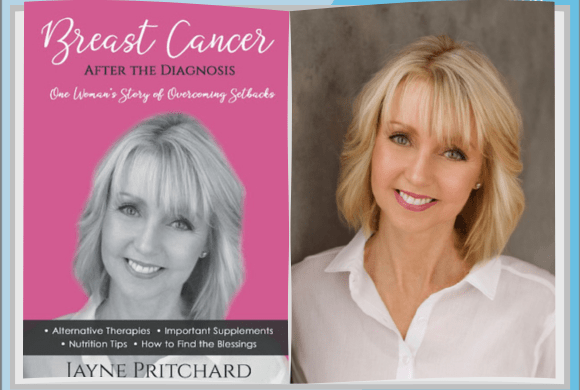 Graphic of an open book. On the left page is the cover image for the book 'Overcoming Breastcancer". On the right page is a photo of the author, Jayne Pritchard