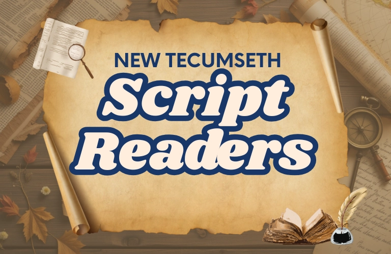 The words "NEW TECUMSETH Script Readers" are displayed in large, stylized blue and white letters on a parchment background. The image is decorated with antique scrolls, maps, a magnifying glass, an open book, and an inkwell with a quill.