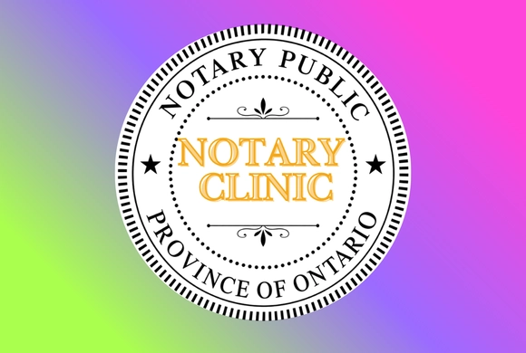 Seal-like emblem with "Notary Clinic" in bold, gold letters. Around it, black text reads "Notary Public Province of Ontario" on a colorful gradient background.