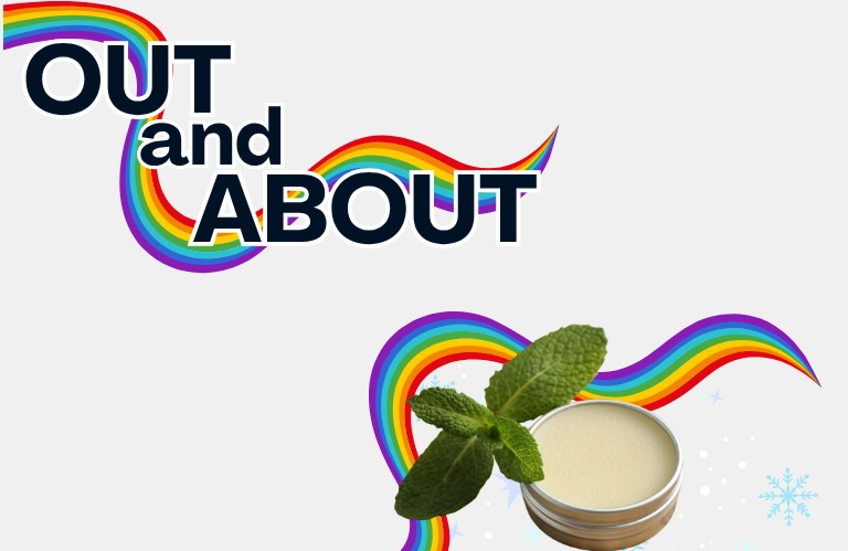 Colorful “OUT and ABOUT” lettering with rainbow trails, alongside a mint leaf and bowl of creamy dessert on a pale background; playful, upbeat design.