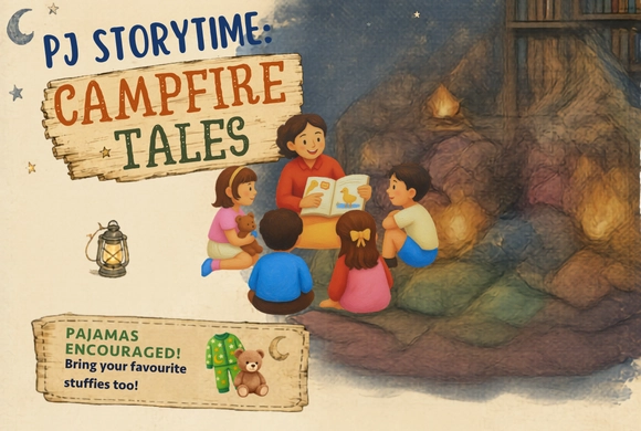 A woman reads a book to five children in pajamas by a campfire. A lantern glows nearby. Text: "PJ Storytime: Campfire Tales. Pajamas encouraged!"