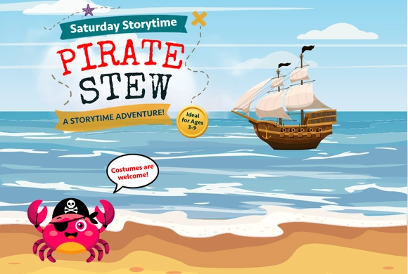 A playful pirate-themed event poster titled "Pirate Stew" shows a happy crab with a pirate hat on a beach, a sailing ship on the sea, and text bubbles saying costumes are welcome.