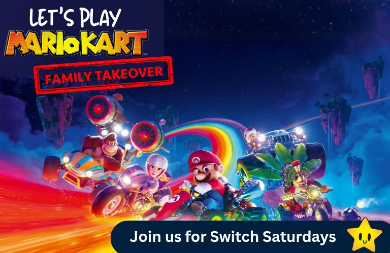 Mario Kart characters racing on a rainbow track in space, with text overlays promoting a family takeover event for Switch Saturdays gaming sessions.
