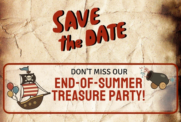 Save the date notice for an end-of-summer treasure party. Pirate ship and cannon illustrations on textured parchment background convey a playful and adventurous theme.
