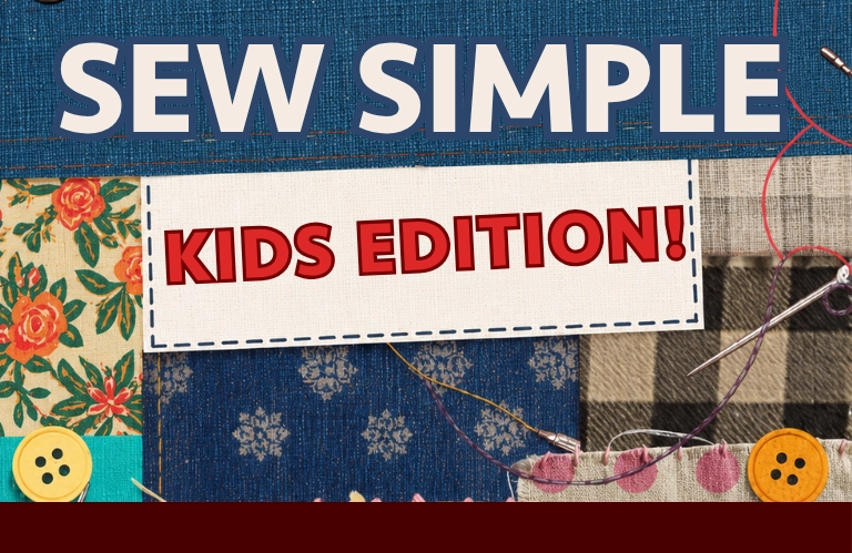 The words SEW SIMPLE KIDS EDITION! are displayed in large white and red letters against a patchwork background of various fabrics.