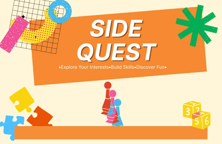 Bright “Side Quest” graphic with orange banner, colorful abstract shapes, puzzle pieces, stacked dice, and figures; playful, adventurous tone.