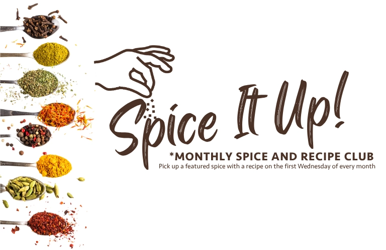 A graphic promoting "Spice It Up!" a monthly spice and recipe club, featuring spoons filled with various spices and a hand sprinkling spice over the text.