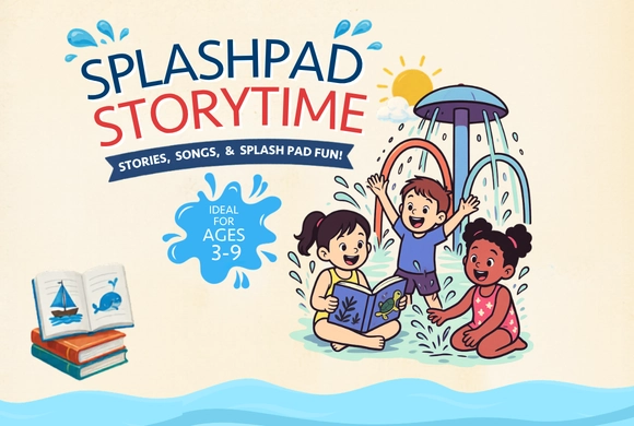 Children play joyfully in a splash pad under a sunny sky. A book illustration emphasizes stories, songs, and fun for ages 3-9.