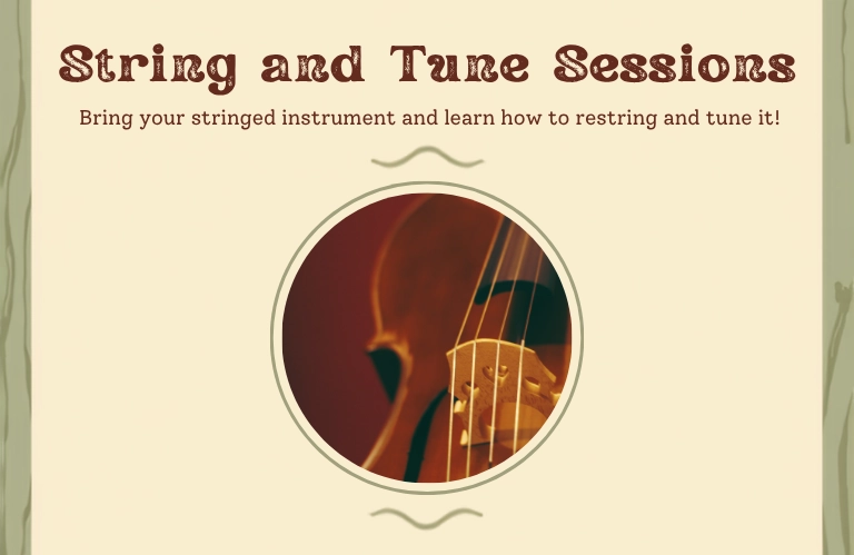 Vintage cream poster announces “String and Tune Sessions,” inviting musicians to learn restringing and tuning, with a close-up of instrument strings.