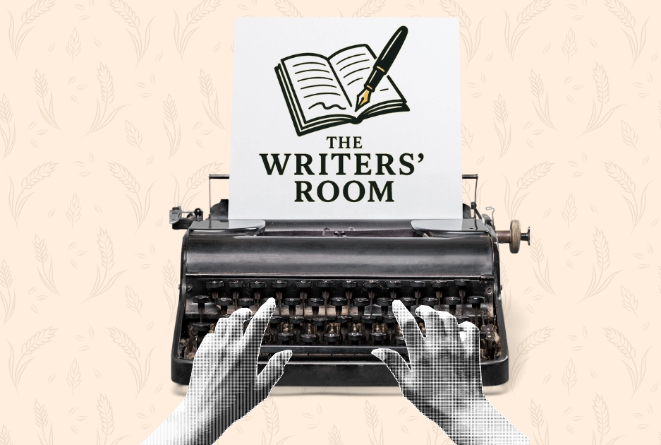 Old-fashioned typewriter with hands on the keys and a white sheet of paper coming out of the top. A graphic of a notebook and pencil is at the top of the page followed by the text: "The Writers' Room"
