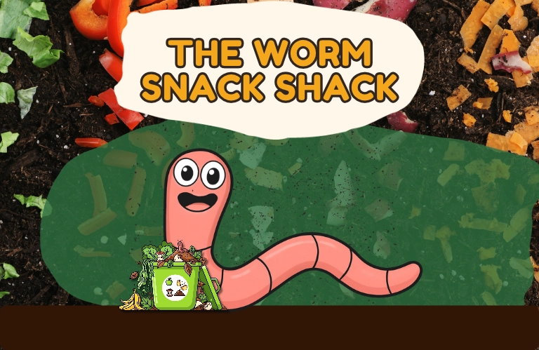 A cheerful pink cartoon worm stands beside a tiny green snack shack in a leafy garden, under bold “The Worm Snack Shack” lettering. (128 characters)