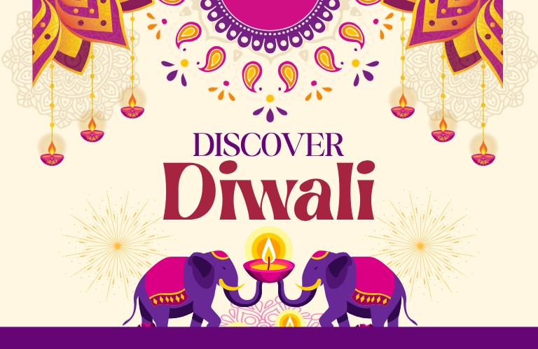 Festive Diwali greeting card with “Discover Diwali” lettering, ornate hanging lamps, rangoli motifs, a glowing diya, and two purple elephants; joyful and vibrant.