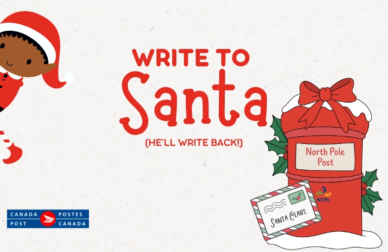 Cheerful Canada Post graphic invites children to “Write to Santa,” showing a red North Pole mailbox with a bow, a letter, and Santa peeking in.
